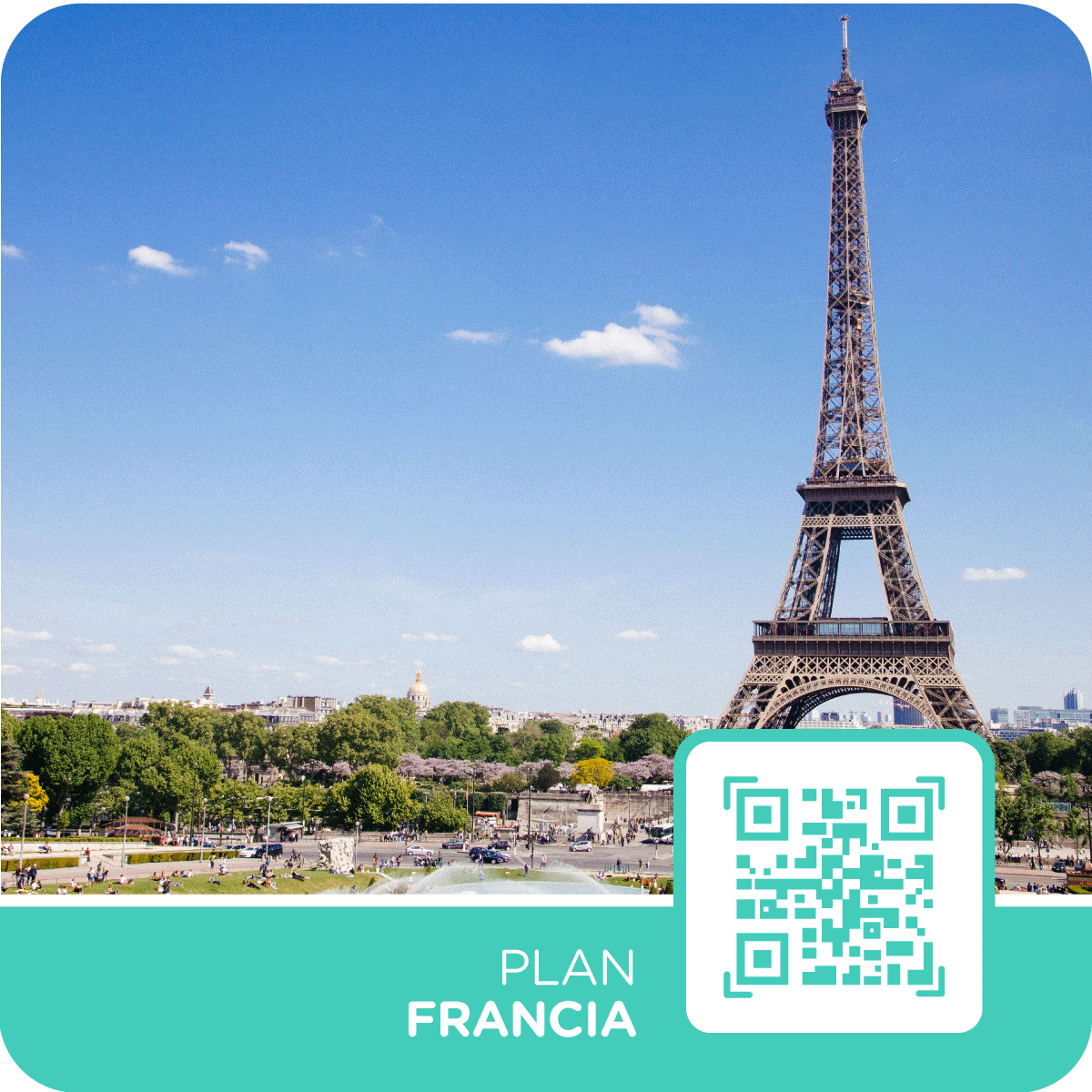 Fotografía de la Torre Eiffel en París, con un banner sobrepuesto que muestra un código QR y una frase que dice “Plan Francia”, haciendo referencia a las tarjetas eSIM con internet prepago para viajar a Francia a los mejores precios.
